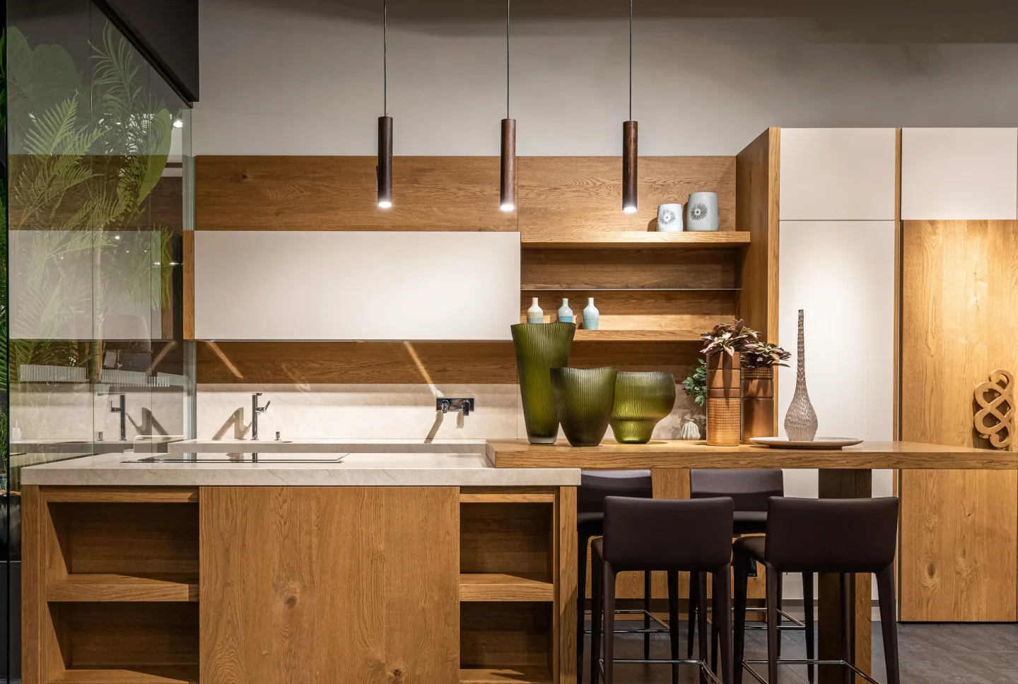 Light wood bespoke kitchen cabinets with island and integrated storage