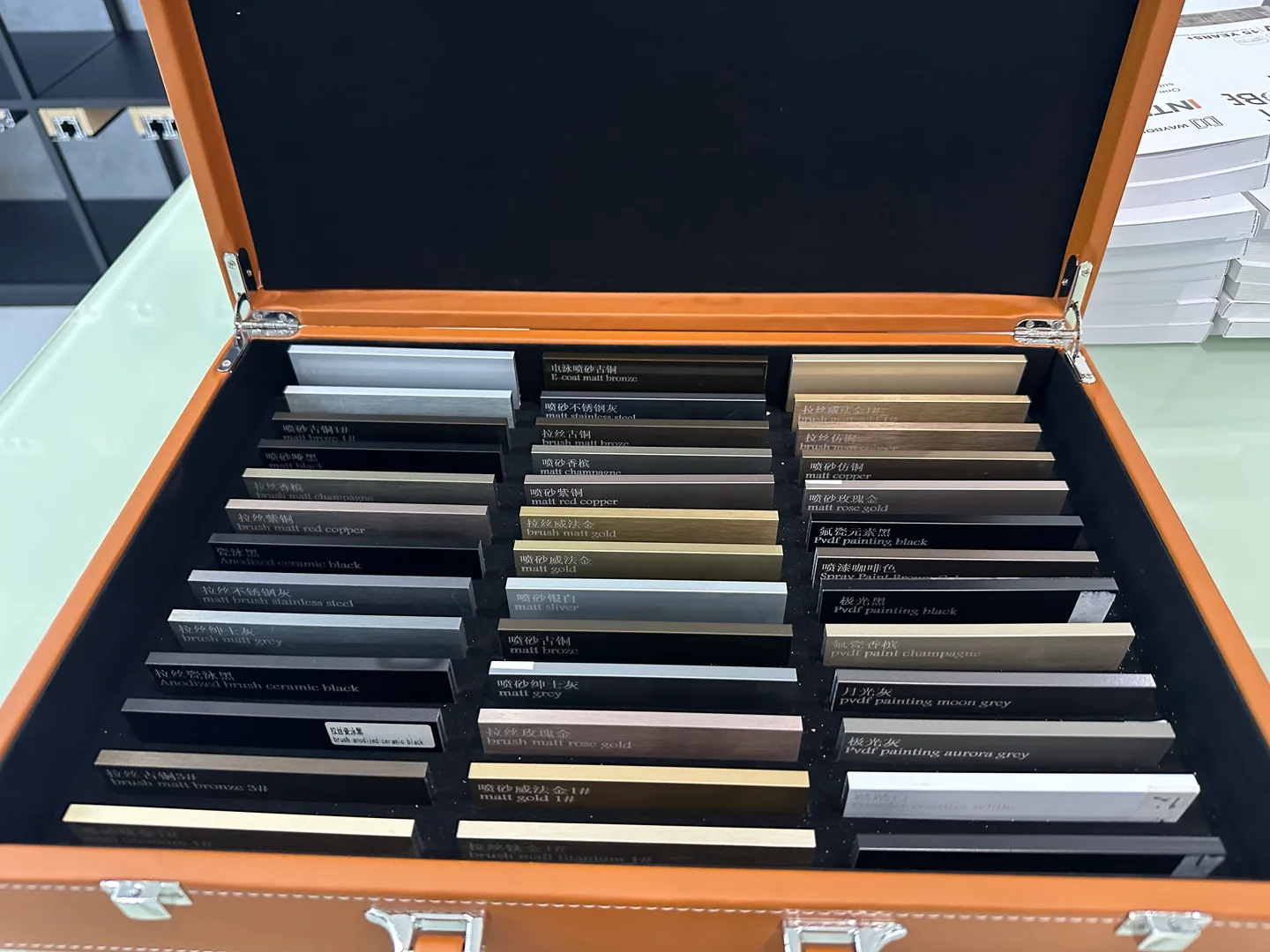 Finish sample case prepared for remote material approval during China sourcing